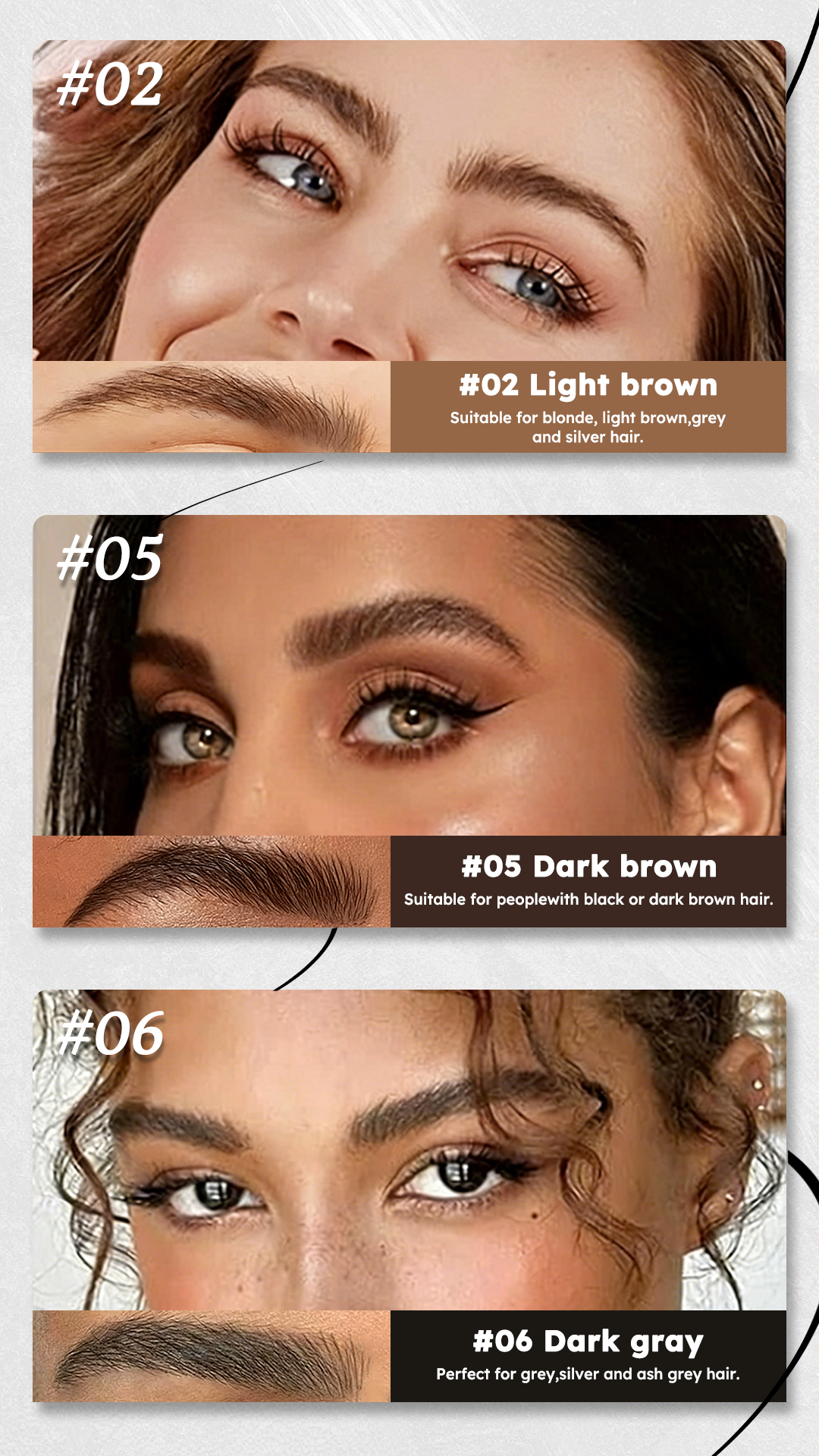 Eyebrow brush shade guide light brown dark brown dark gray